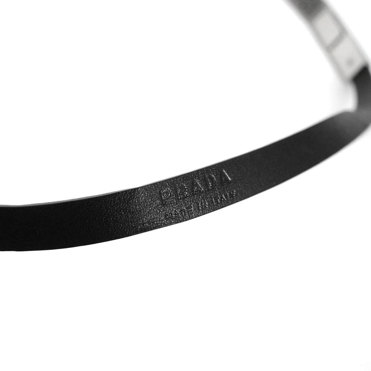 Prada 1990s Patent Leather Skinny Belt with Engraved Metal